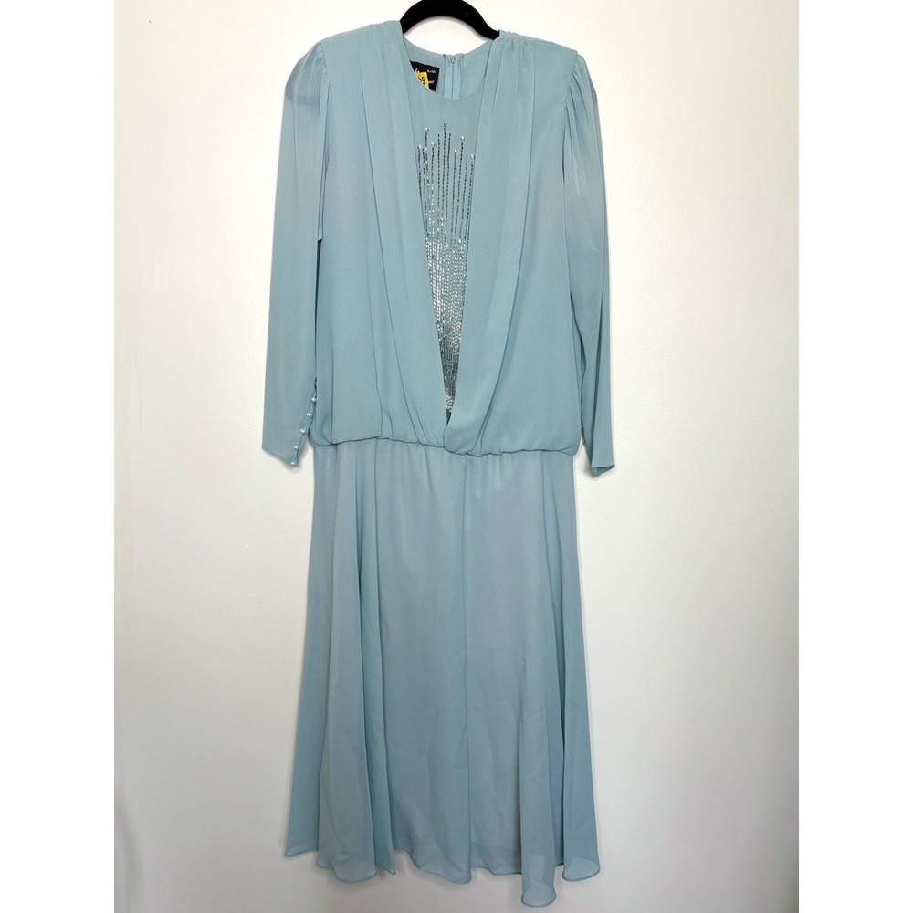 Vintage Ursula of Switzerland Beaded Chiffon Dress Long Sleeve Midi Size 9/10